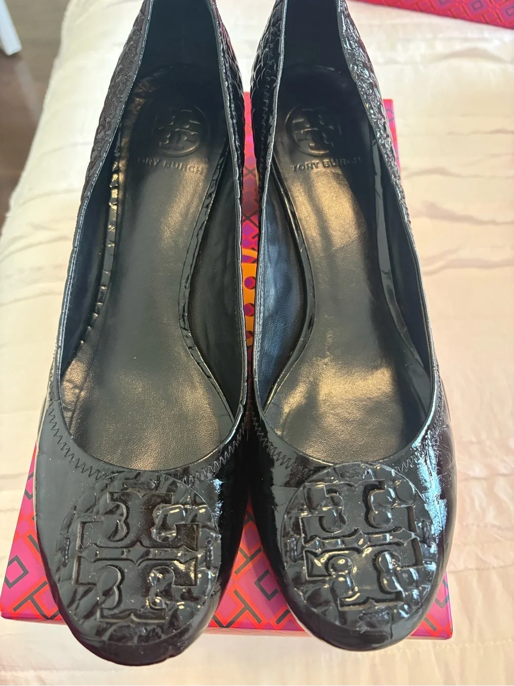 Tory Burch Black Patent Leather Logo Ballet Flats